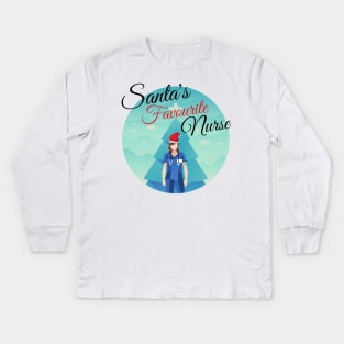 Santa's favourite Nurse - funny festive Nurse design with nurse in scrubs and Santa hat in front of a Christmas tree Kids Long Sleeve T-Shirt
